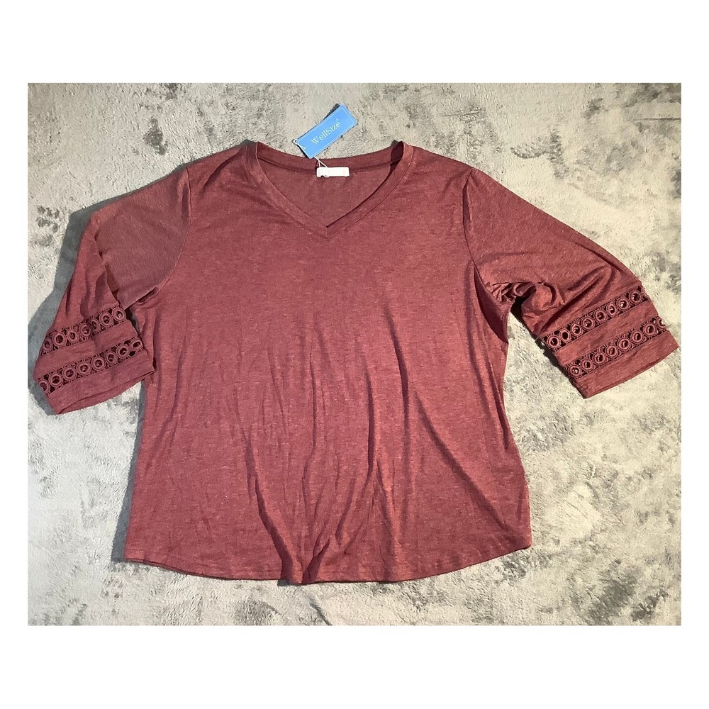 WellSize‎ Women's 2XL Maroon V-Neck Top 3/4 Sleeve Lace Crochet Accent NWT Plus